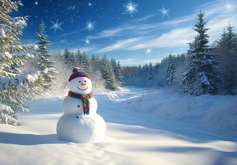 Obraz premium Two snowmen in a snowy forest under a starry sky with bright sunlight.
