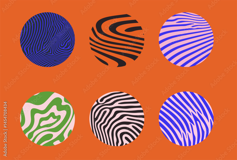 Fototapete Abstract vector circles with wavy and zebra-like line patterns in bold colors, arranged on an orange background, creating a playful and modern geometric composition.