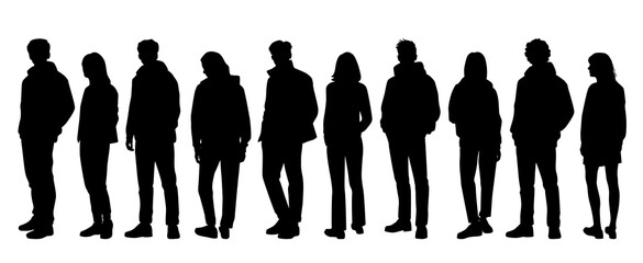 Silhouettes of men and women, group standing business people, vector, profile, black color isolated on white background