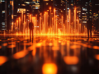 Futuristic Cityscape  Silhouetted Figures  Neon Lights  Urban Technology