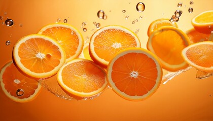 floating orange slices against a warm orange background showcasing freshness and vibrancy