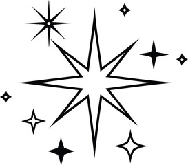Fototapeta premium Minimalist Sparkle Icon Set – Hand Drawn Star Burst Symbols in Black Outline 