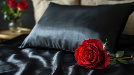 Red rose on a silk black bedding on a bed. Close-up.