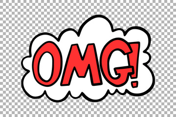 Comic-style OMG text in thought bubble on transparent checkered background. Perfect for web design, stickers, digital art, and creative graphic projects