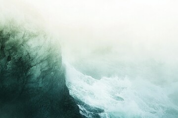 Obraz premium Misty, teal-toned waves crash against a dark, rocky shore, creating a dramatic, ethereal scene.