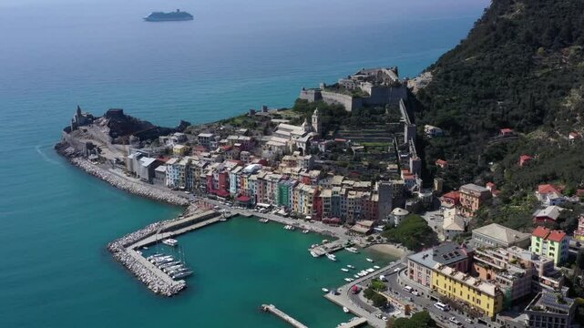 Aerial view of Portovenere village and Doria castle. La Spezia province, Liguria, Italy