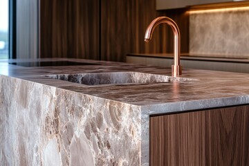 Luxury kitchen island with a marble countertop, copper faucet, and integrated sink.