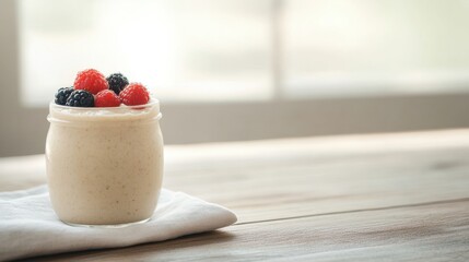 Delicious yogurt dessert topped with berries kitchen table food photography natural light close-up shot