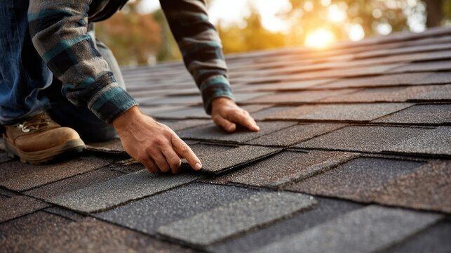Hands repair roof shingles under sunny skies, trees