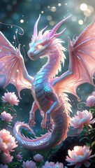 Fantasy pink dragon art beautiful magical creature mythical animal digital painting design