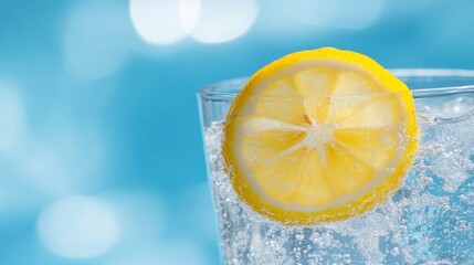 Refreshing lemonade drink with citrus slice bright blue background high-quality beverage photography