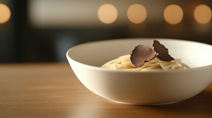 Exquisite pasta dish with truffles fine dining restaurant food photography elegant atmosphere close-up view