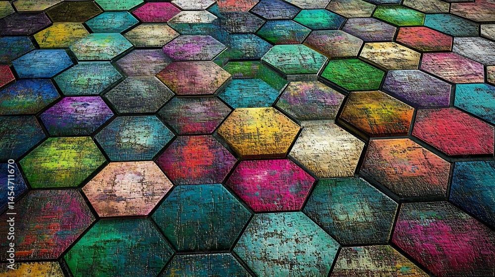 Aufkleber colorful hexagonal tiles arranged in an artistic pattern, creating a vibrant and textured floor desi