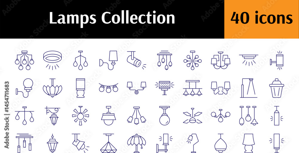 Poster bundle of line icons of lamp, luster, light bulb. minimalistic linear pictogram for web and graphic 