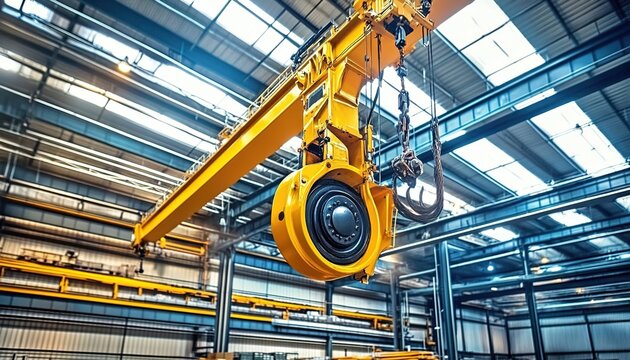 Yellow crane hook suspended in an industrial factory with metal framework and skylights.