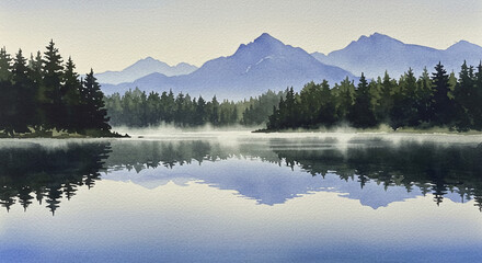 Fototapeta premium Serene lake reflecting mountains, a watercolor landscape painting, for calming backgrounds