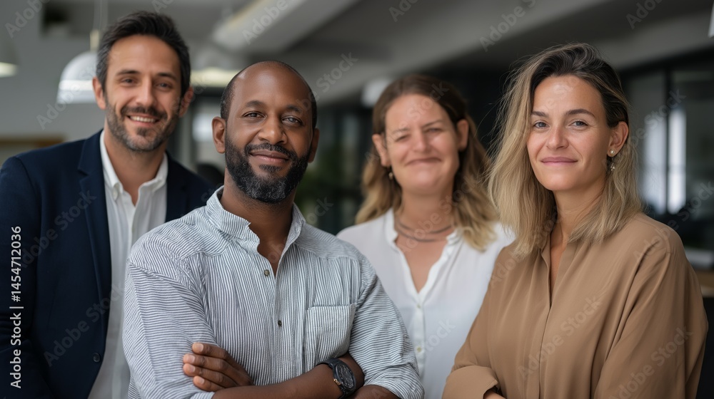 Poster a diverse group of four business professionals stands confidently in a contemporary office space. th