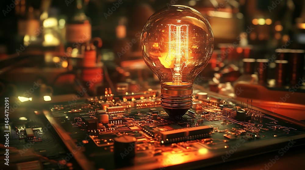 Poster a glowing light bulb illuminating a circuit board amidst various tools and bottles in a workshop