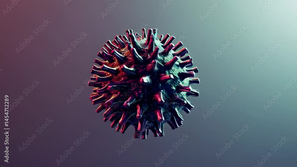 Poster Viral microorganism model rotating smoothly against gradient background shifting from blue through purple to red, presenting detailed scientific visualization