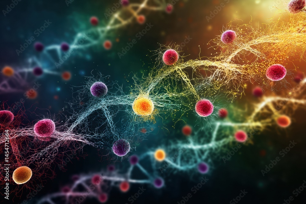 Fototapete dna strand intricately connected with bacterial colonies revealing the effects of mutations on genet