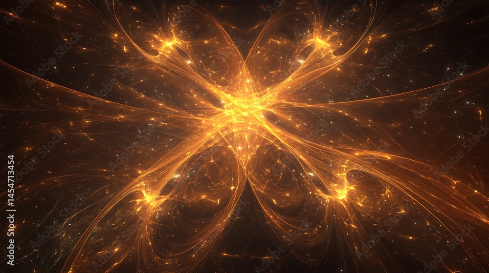 Poster abstract glowing orange fractal design with intricate patterns and luminous effects on a dark backgr