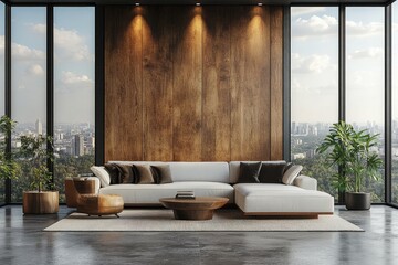 Modern, minimalist living room with panoramic city view.