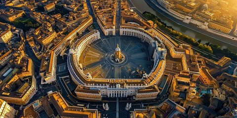 Obraz premium Aerial view of a symmetrical grand building with central dome and surrounding squares.