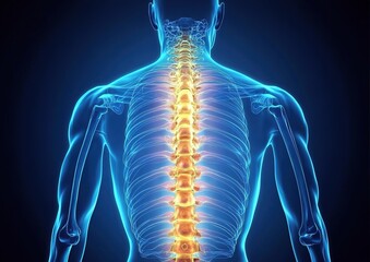 Digital rendering of human back highlighting golden spine and blue skeleton.