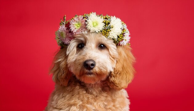 portrait of a mini goldendoodle dog wearing a floral headdress sitting in front of a red background