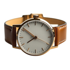 Minimalist Women's Watch with Brown Leather Strap Isolated on Transparent Background