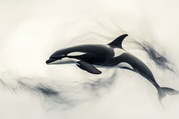 Obraz premium Elegant orca gracefully swims through a misty, ethereal underwater scene.