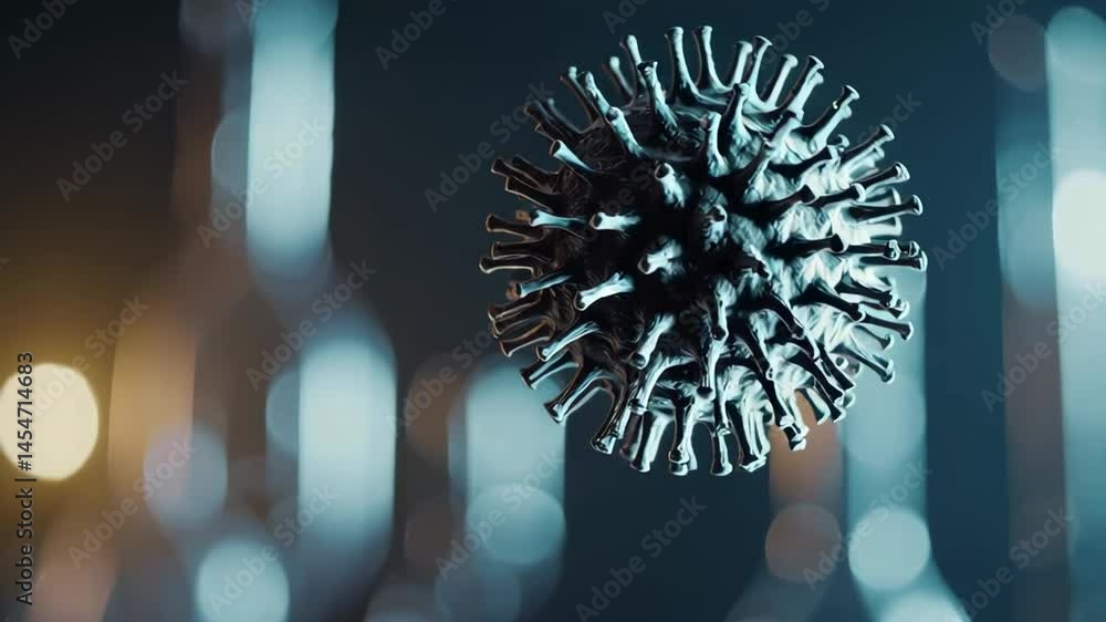 Aufkleber Microscopic view of a sars cov 2 virus cell rotating slowly on a blurred background with bokeh effect, simulating a scientific visualization of the covid 19 pathogen