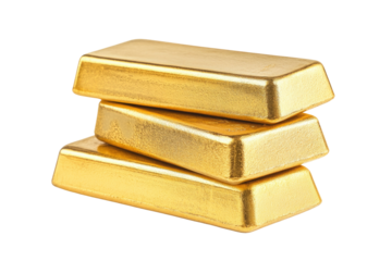 Three Gleaming Gold Bars Stacked Elegantly on a White Background, Symbolizing Wealth and Prosperity on transparent background