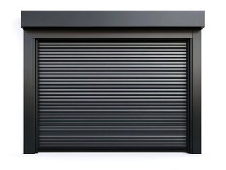 A dark gray metal rolling shutter door with simple top decoration, against a pure white background, 3D rendering.