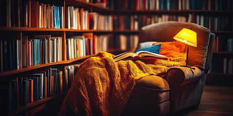 Cozy reading nook in a well-lit library