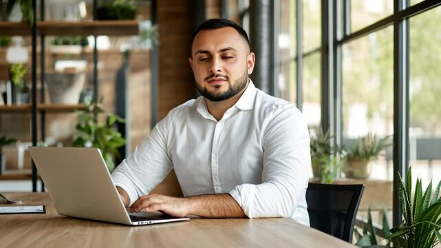 Man working on laptop in modern office