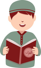 Smiling Young Boy Reading a Book in Traditional Clothing