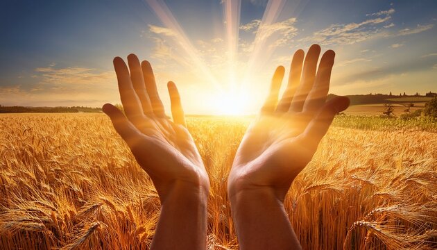 harvest blessings with sunlit hands open hands appear to hold and cherish a burst of sunlight above a field of ripe wheat symbolizing abundance and gratitude