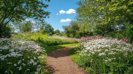 Obraz premium Sunlit Garden Path with Blooming Flowers