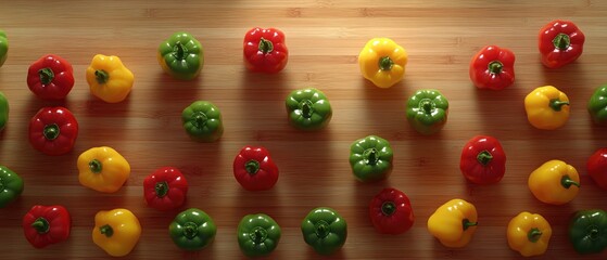 Obraz premium Colorful bell peppers arranged on a wooden surface.