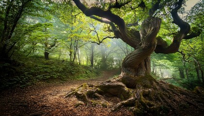 tree with gnarled trunk and twisted branches in the woods nature forest