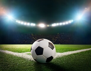 Fototapeta premium soccer ball in a stadium with lights a classic black and white soccer ball on green grass in the center of a stadium illuminated by spotlights