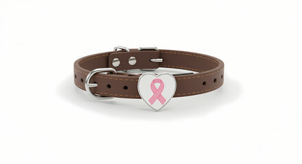 Brown Leather Dog Collar with Pink Ribbon Charm Breast Cancer Awareness
