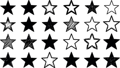 Stars set, hand drawn sketch, doodle vector illustration. Black symbols drawn by brush, pen, ink, Isolated on white background. Cool trendy handdrawn set for logo, textile print, fabric design