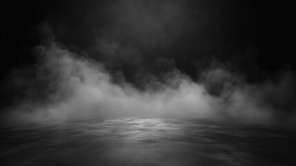 Explosion of smoke of white color on a black wet reflecting floor and background.