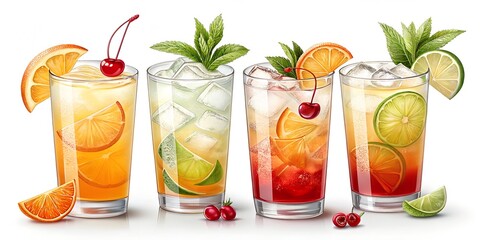 Refreshing colorful tropical cocktails with citrus and cherries on ice in tall glasses, perfect for summer and party themes