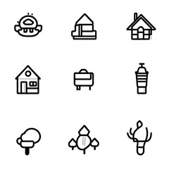 Fototapeta premium Black and white icons of various buildings and natural elements
