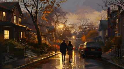 Couple Enjoying a Quiet Evening Walk Through a Park – Peaceful, Intimate, and Reflective Stroll