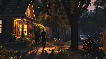 Couple Enjoying a Quiet Evening Walk Through a Park – Peaceful, Intimate, and Reflective Stroll