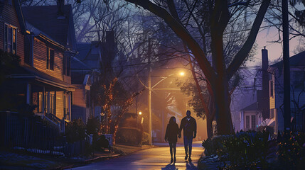 Couple Enjoying a Quiet Evening Walk Through a Park – Peaceful, Intimate, and Reflective Stroll